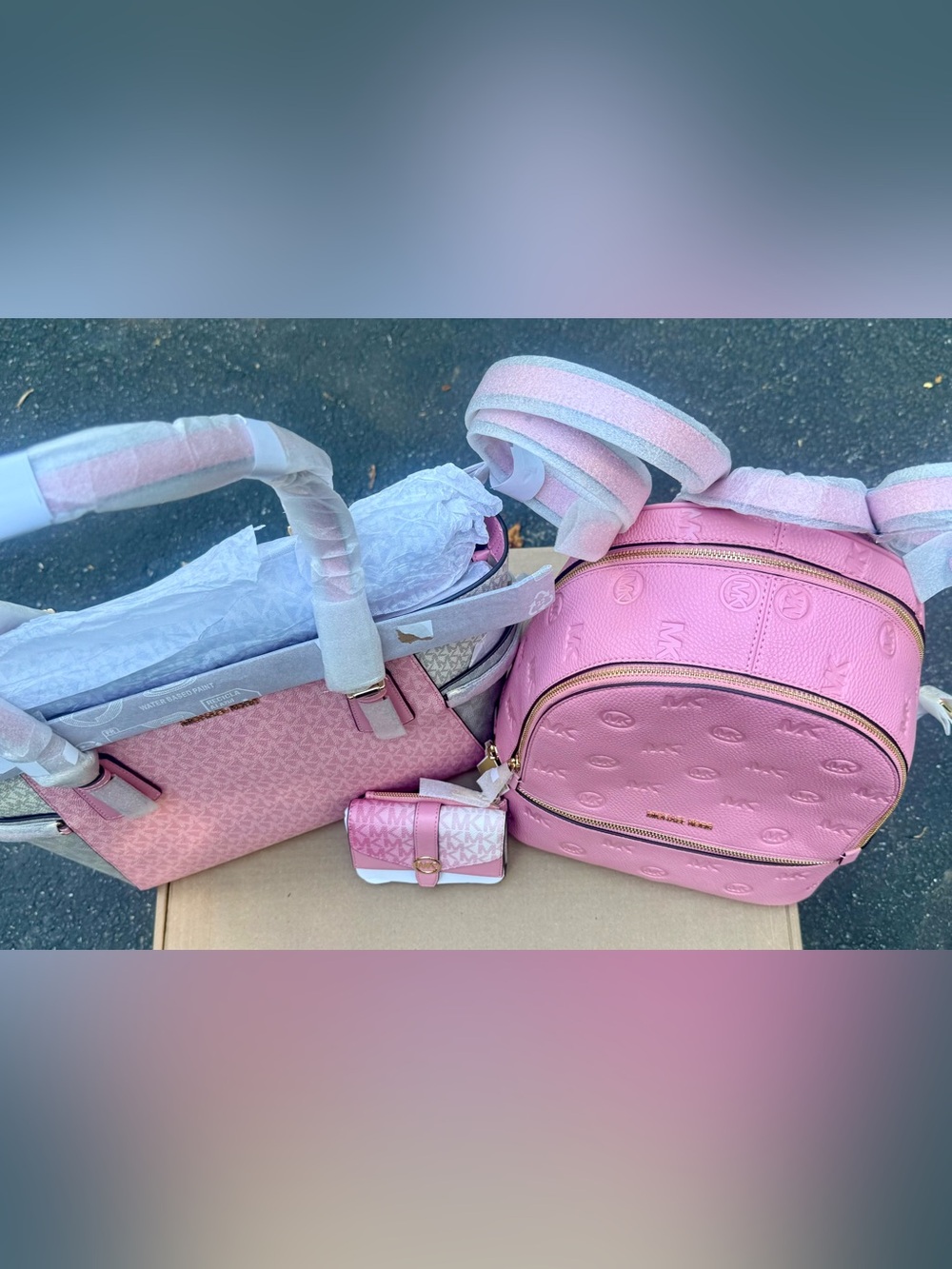 Michael Kors Pink Logo Tote, Embossed Backpack & Trifold Wallet Set - Picture 3 of 14
